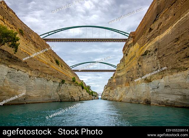 Greece. Old Corinth Canal. Several bridges. Overcast weather