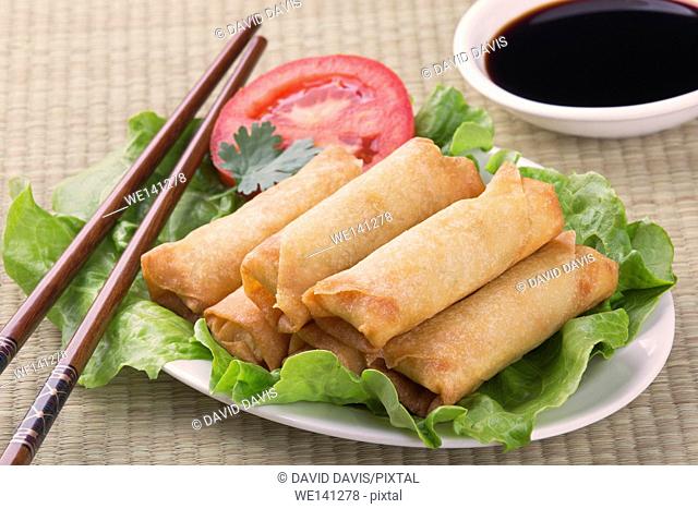 Traditional Chinese Spring Rolls with a dipping sause of soy sause