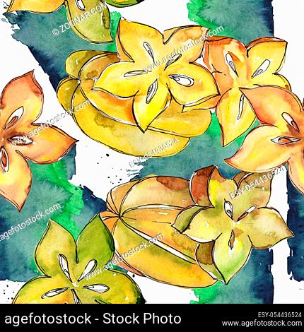 Exotic carambola healthy food pattern in a watercolor style. Full name of the fruit: carambola. Aquarelle wild fruit for background, texture