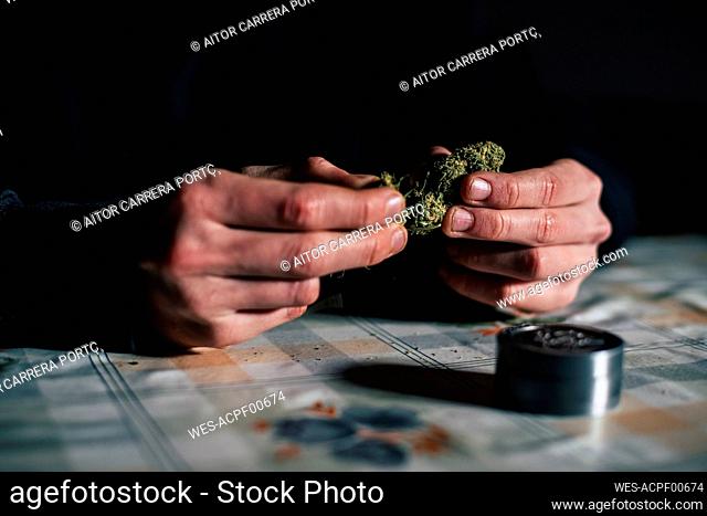 Close-up of a man's hands preparing marihuana joint