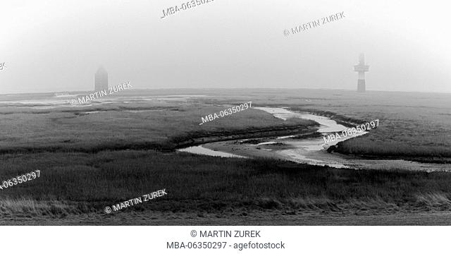 Editing from the west tower and the lighthouse in the salt meadows of the island Wangerooge, modified picture, scenery, Lower Saxony, Germany, Wangerooge