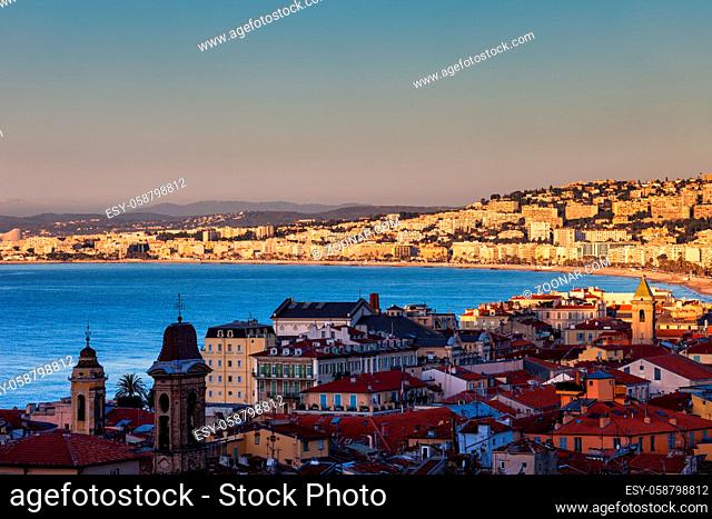 France, Cote D'Azur, Nice city skyline at sunrise, Old Town (Vieille Ville) in the shadow