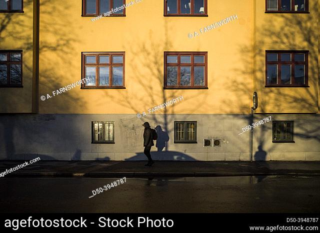 Stockholm, Sweden A pedestrian walking in the Midsommarkransen district in the winter sun