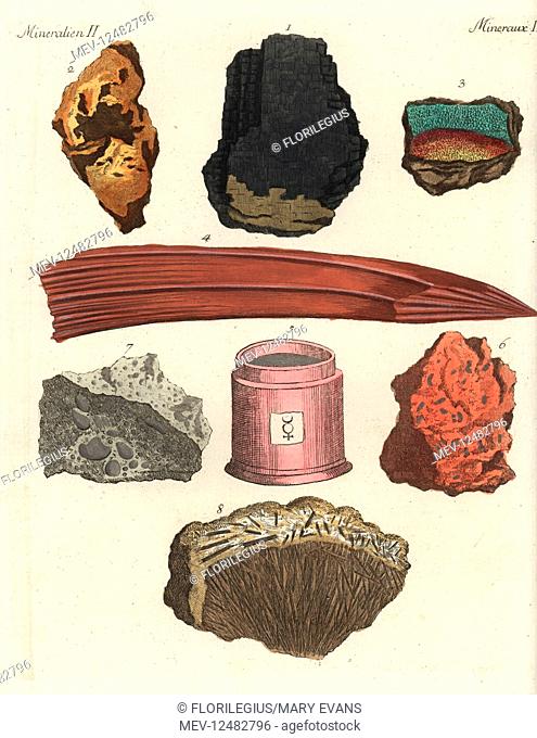 Metals including lead 1, iron 2, 3, 4, mercury 5, 6, bismuth 7 and antimony 8. Handcoloured copperplate engraving from Friedrich Johann Bertuch's Bilderbuch fur...