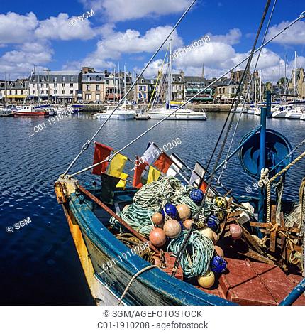 Fishing boat moored in Paimpol harbour Brittany France