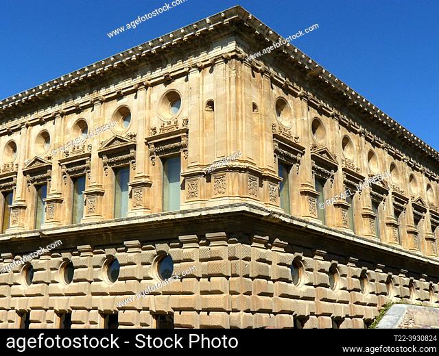 Granada (Spain). Facade of the Palace of Carlos V inside the Alhambra in Granada