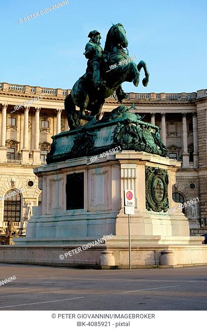 Equestrian statue of Prince Eugene front of the Hofburg Imperial Palace at the Heldenplatz, Innere Stadt district, Vienna, Austria