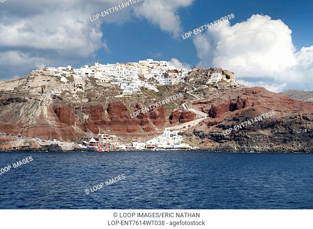 View of the village and port of Oia on the Greek island of Santorini