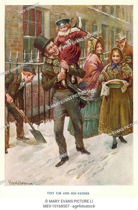 Happy at the prospect of a hearty Christmas dinner, due to the generosity of the reformed Ebenezer Scrooge, Bob Cratchit carries his son Tiny Tim on his...
