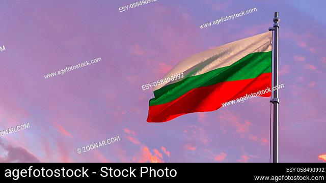 3d rendering of the national flag of the Bulgaria in the evening at sunset against a background of beautiful clouds