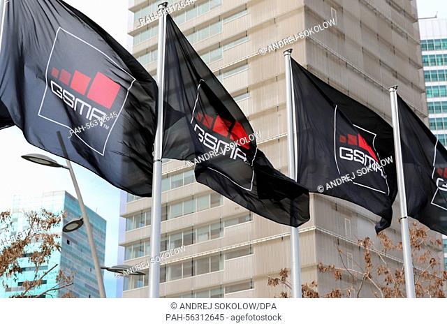 Flags of the exhibition organisers GSMA outside the exhibition centre before the Mobile World Congress in Barcelona, Spain, 28 February 2015