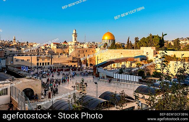 Jerusalem / Israel - 2017/10/13: Panoramic view of Western Wall Plaza square beside Holy Temple Mount with Dome of the Rock shrine and Bab al-Silsila minaret in...
