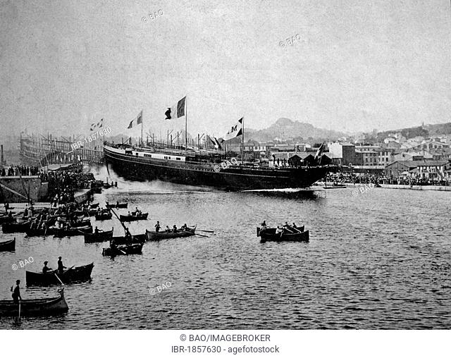 Early autotype of a ship's launch on the Seine river, France, historical picture, 1884