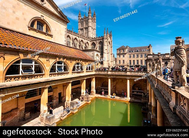 Bath, England - May 13, 2019 : inside of Roman Baths which is a site of historical interest in the city of Bath. The landmark is a well-preserved Roman site for...