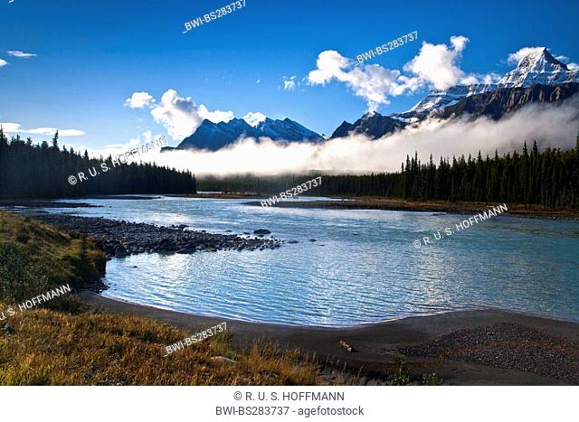 Athabasca River in front of a pictoresque range of the Rocky Mountains, Canada, Alberta, Jasper-Nationalpark