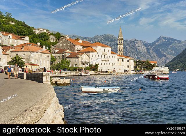 Perast, Kotor, Montenegro. View of the town on the Bay of Kotor