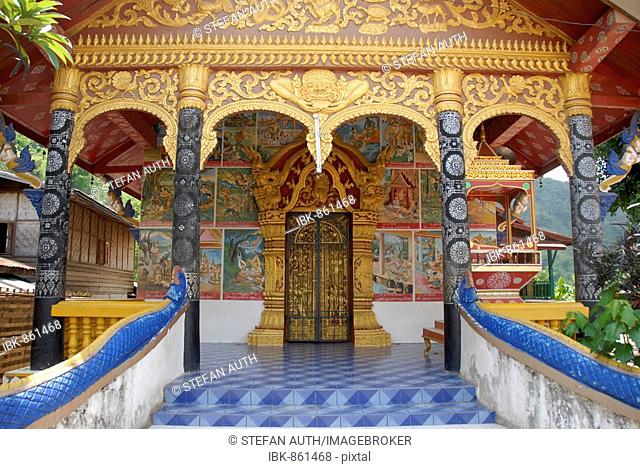 Colourfully decorated entrance area of the Wat Si Kun Buddhist Temple, Muang Khua, Phongsali province, Laos, Asia