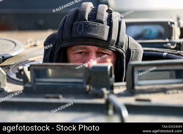 RUSSIA - OCTOBER 19, 2023: A serviceman of Russia's Central Military District receives combat training for crews of BTR-82A armoured personnel carriers and...