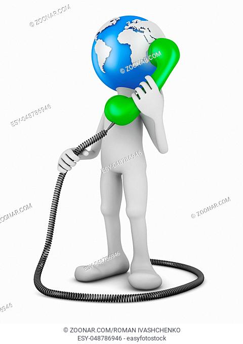 Man with globe head with the handset. 3d rendering
