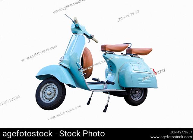 Horizontal photo of light blue vintage motorcycle scooter isolated in white background. Adorable old scooter in perfect condition