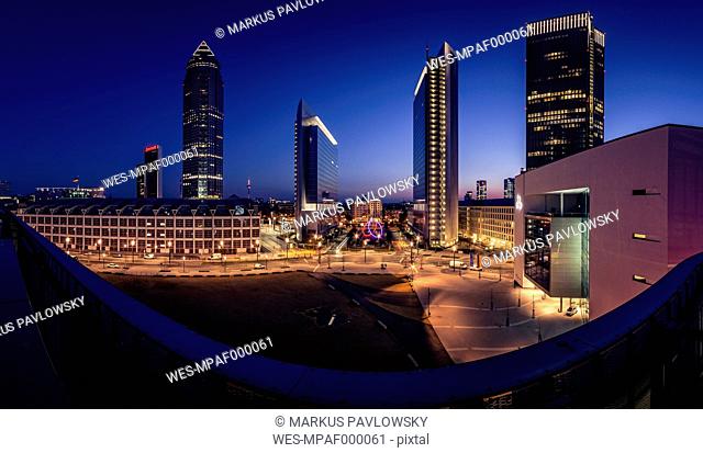 Germany, Frankfurt, View from Skyline Plaza, finanial district in the evening