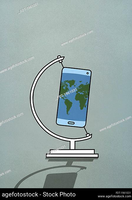 Global map smart phone on globe stand