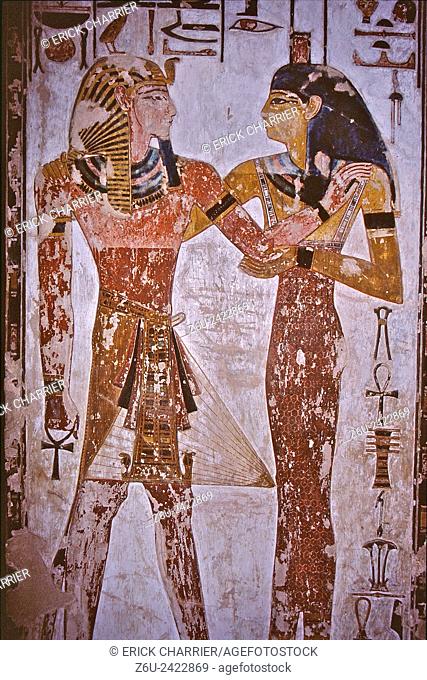 Thebes, West Bank, Kings Valley, Seti I tomb (KV17). Hall E (Porter and Moss), left face of pillar 4, Sety I embraced by Nephthys