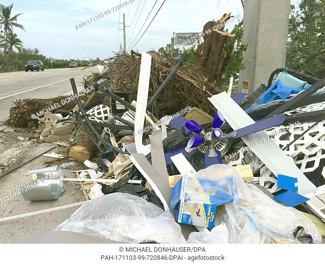 Rubbish lies on the edge of the street Hight No. 1 in Florida Keys, USA, 24 October 2017. Even seven weeks after hurricane ""Irma""