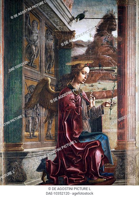 Angel, detail from the Annunciation, 1469, organ leaf by Cosme Tura (ca 1430-1495), tempera on canvas, 349x305 cm.  Ferrara