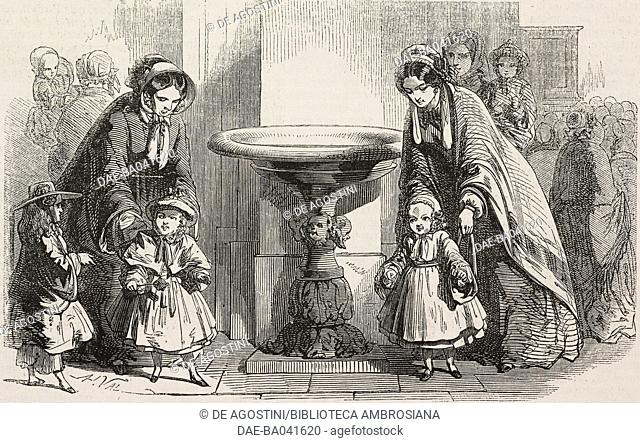 Mothers with children around a holy-water font, Holy Week in Toulon, France, illustration from L'Illustration, Journal Universel, No 476, Volume XIX, April 10