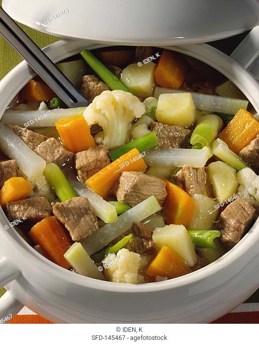 Beef and vegetable stew in a soup tureen