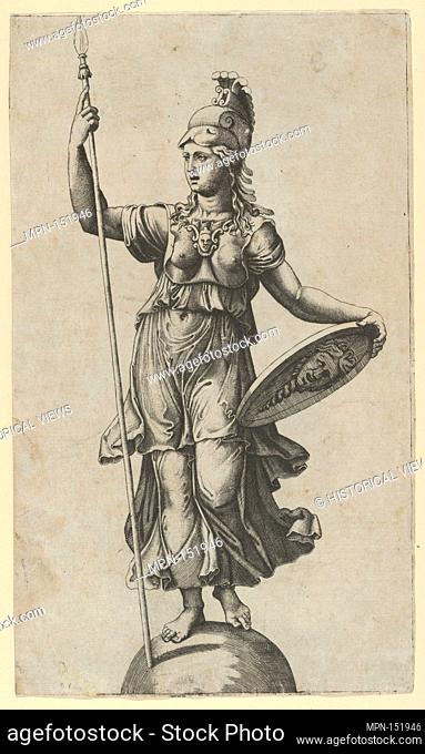 Pallas Athena standing on a globe, a spear in her left hand, a shield in her right. Artist: Marcantonio Raimondi (Italian, Argini (?) ca