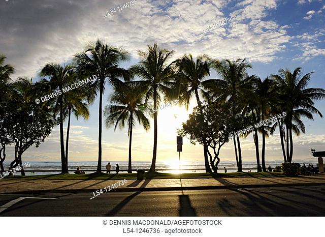 Sunset on Kalakaua Ave along Waikiki Beach Honolulu Hawaii Pacific Ocean