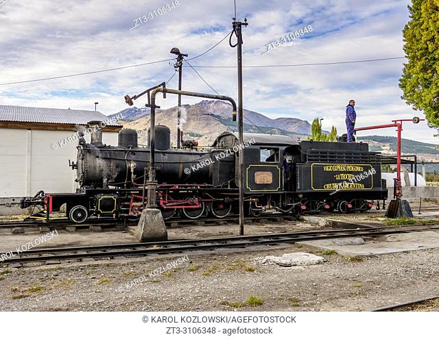 Old Patagonian Express La Trochita, steam train taking water, Esquel Train Station, Chubut Province, Patagonia, Argentina