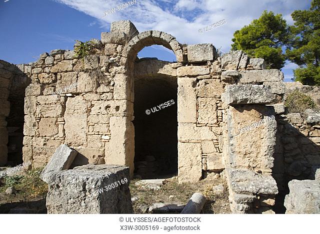 Europe, Greece, Peloponnese, ancient Corinth, archaeological site, west shops