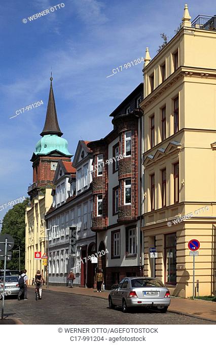 Germany, Schwerin, Mecklenburg-Western Pomerania, Schelf Town, Schelfe, Puschkin Street, residential buildings, baroque, Schelf Church, church Saint Nicolai