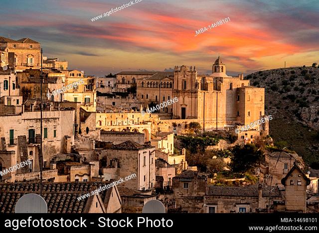 Sunset over convent of Saint Agostino in Matera, Italy