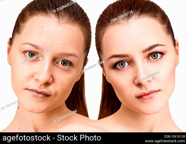 Comparison portrait of young woman before and after makeup