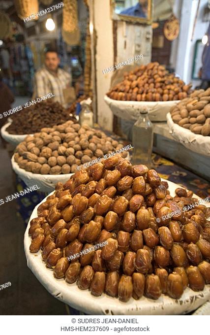Morocco, Middle Atlas, Fez, Imperial City, Fez El Bali, medina listed as World Heritage by UNESCO, detail of a stand of dry fruits in the souk