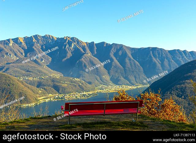 Bench with Panoramic View over Lake Lugano and Village with Mountain Generoso in a Sunny Day in Vico Morcote, Ticino in Switzerland