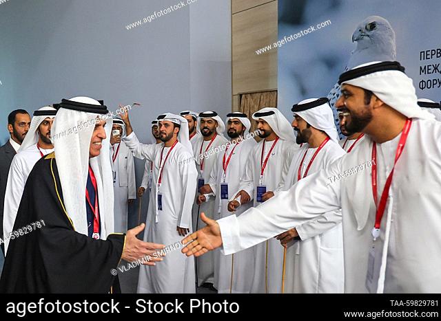 RUSSIA, ST PETERSBURG - JUNE 15, 2023: Sheikh Saud bin Saqr Al Qasimi (L) of the UAE Supreme Council of Rulers attends a ceremony to open the UAE pavilion of...
