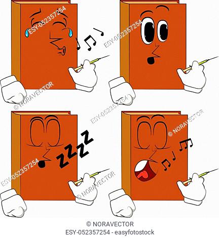 Books with medical injection in hand. Cartoon book collection with various faces. Expressions vector set