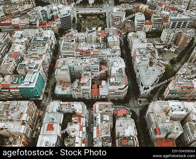 Bird's eye view of the Greek city of The saloniki. Aerial city view with crossroads and roads, houses, buildings