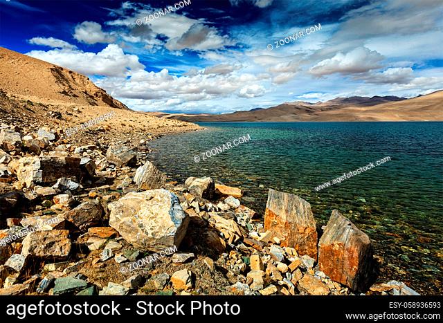 Himalayan lake Tso Moriri in Himalayas, Korzok, Ladakh, Jammu and Kashmir, India