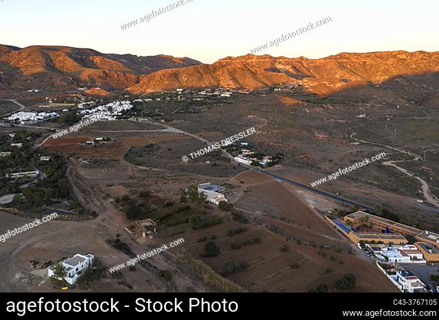 The Rodalquilar valley at sunrise. Aerial view. Drone shot. Nature Reserve Cabo de Gata-Nijar, Almeria province, Andalusia, Spain