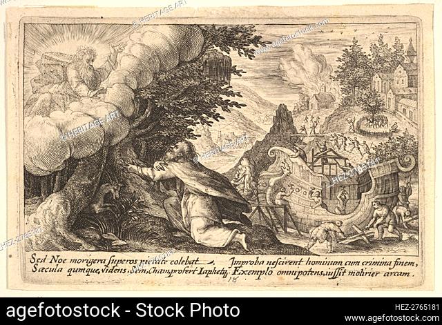 Noah kneeling before God at left, the construction of the ark underway beyond, from a seri.., 1612. Creator: Crispijn de Passe I