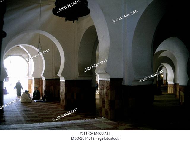 Qarawiyyn Mosque (Al-Karaouine), 859, 1th Century A.D., brickwork. Morocco, Fes. Whole artwork view. Interior of the Qarawiyyn Mosque characterized by horseshoe...