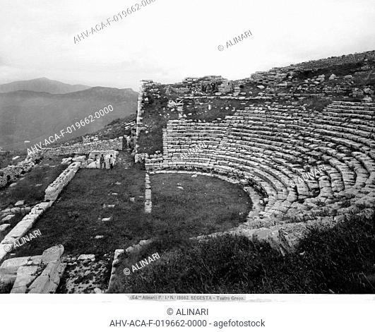 Remains of the Teatro in the archeological area of Segesta, Calatafini (III century), shot 1915-1920 ca. by Alinari, Fratelli