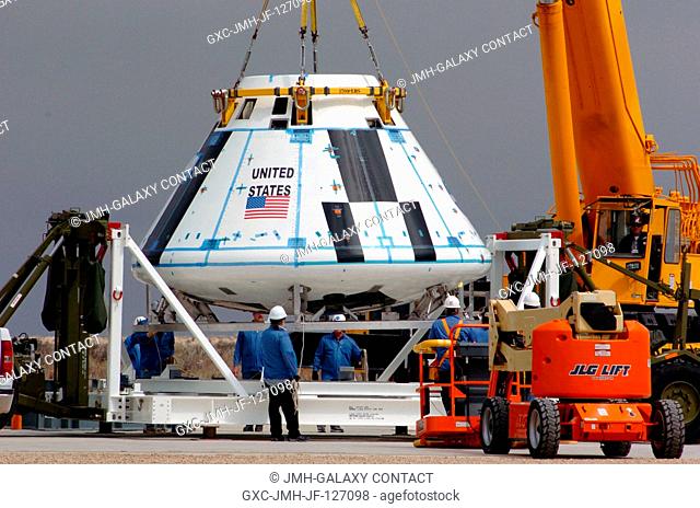 The boilerplate crew module for the Pad Abort-1 (PA-1) flight test is positioned on the launch pad in preparation for the test at the U.S