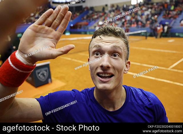 Tennis player Jiri Lehecka of Czech team in action during the match against Nuno Borges of Portugal during Davis Cup tennis tournament qualification against...